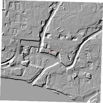 Shaded relief map of the ground around E147JB, computed from Environment Agency LiDAR. The ground here sits at about 5 m above sea level and falls 11 m across the surrounding 800 m. Surface water reaching this point runs off ground lying to the north-north-west, 5.2 m higher.