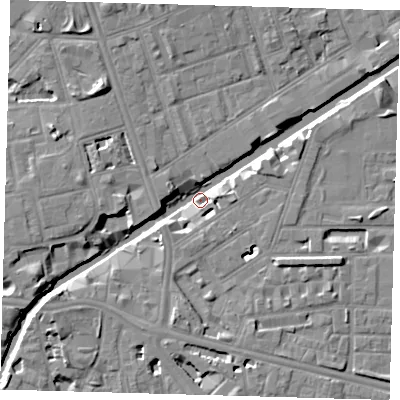 Shaded relief map of the ground around E147TB, computed from Environment Agency LiDAR. The ground here sits at about 4 m above sea level and falls 8 m across the surrounding 800 m. Surface water reaching this point runs off ground lying to the west-north-west, 4.7 m higher.