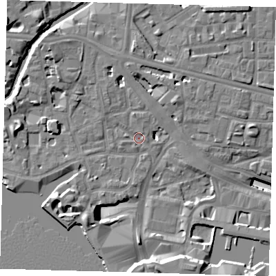 Shaded relief map of the ground around E148AA, computed from Environment Agency LiDAR. The ground here sits at about 3 m above sea level and falls 17 m across the surrounding 800 m. Surface water reaching this point runs off ground lying to the south-south-east, 14.0 m higher.