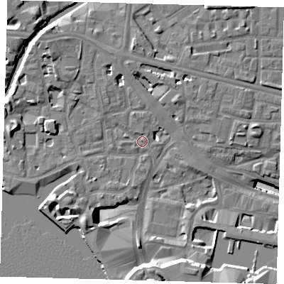 Shaded relief map of the ground around E148AB, computed from Environment Agency LiDAR. The ground here sits at about 3 m above sea level and falls 17 m across the surrounding 800 m. Surface water reaching this point runs off ground lying to the south-south-east, 14.0 m higher.