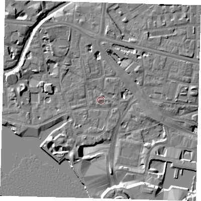 Shaded relief map of the ground around E148AD, computed from Environment Agency LiDAR. The ground here sits at about 4 m above sea level and falls 17 m across the surrounding 800 m. Surface water reaching this point runs off ground lying to the south-south-east, 14.0 m higher.