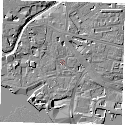 Shaded relief map of the ground around E148AE, computed from Environment Agency LiDAR. The ground here sits at about 4 m above sea level and falls 13 m across the surrounding 800 m. Surface water reaching this point runs off ground lying to the north-west, 10.2 m higher.