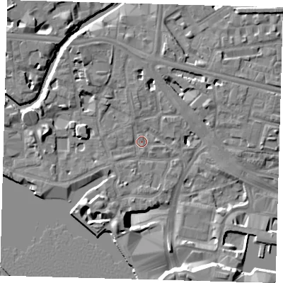 Shaded relief map of the ground around E148AF, computed from Environment Agency LiDAR. The ground here sits at about 4 m above sea level and falls 14 m across the surrounding 800 m. Surface water reaching this point runs off ground lying to the north-west, 4.7 m higher.