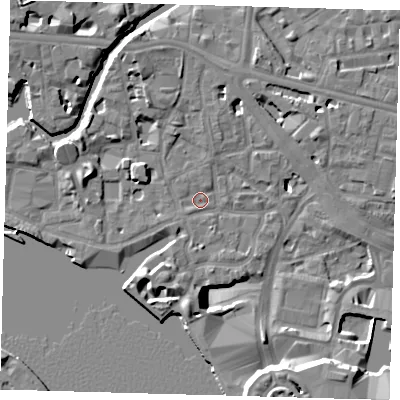 Shaded relief map of the ground around E148AG, computed from Environment Agency LiDAR. The ground here sits at about 4 m above sea level and falls 14 m across the surrounding 800 m. Surface water reaching this point runs off ground lying to the north-north-west, 3.8 m higher.