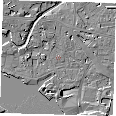 Shaded relief map of the ground around E148AH, computed from Environment Agency LiDAR. The ground here sits at about 4 m above sea level and falls 14 m across the surrounding 800 m. Surface water reaching this point runs off ground lying to the north-north-west, 4.2 m higher.