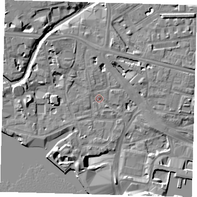 Shaded relief map of the ground around E148AN, computed from Environment Agency LiDAR. The ground here sits at about 4 m above sea level and falls 13 m across the surrounding 800 m. Surface water reaching this point runs off ground lying to the north-west, 10.2 m higher.