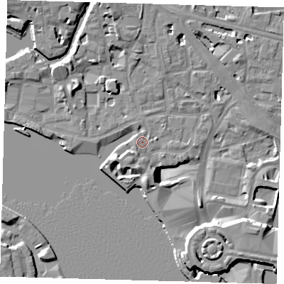 Shaded relief map of the ground around E148AP, computed from Environment Agency LiDAR. The ground here sits at about 5 m above sea level and falls 14 m across the surrounding 800 m. Surface water reaching this point runs off ground lying to the west-south-west, 1.1 m higher.