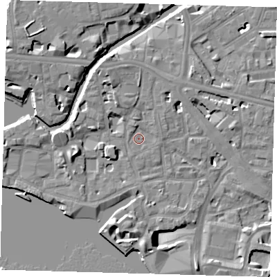 Shaded relief map of the ground around E148AQ, computed from Environment Agency LiDAR. The ground here sits at about 4 m above sea level and falls 13 m across the surrounding 800 m. Surface water reaching this point runs off ground lying to the north-north-west, 1.8 m higher.