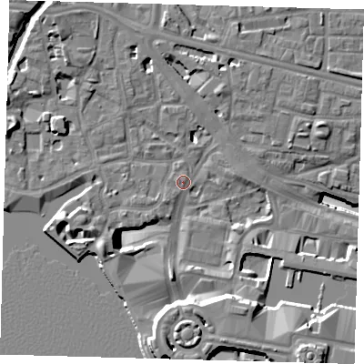 Shaded relief map of the ground around E148AS, computed from Environment Agency LiDAR. The ground here sits at about 4 m above sea level and falls 19 m across the surrounding 800 m. Surface water reaching this point runs off ground lying to the south, 14.0 m higher.