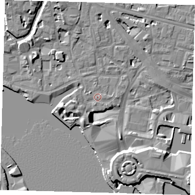 Shaded relief map of the ground around E148AT, computed from Environment Agency LiDAR. The ground here sits at about 4 m above sea level and falls 15 m across the surrounding 800 m. Surface water reaching this point runs off ground lying to the north-west, 1.0 m higher.