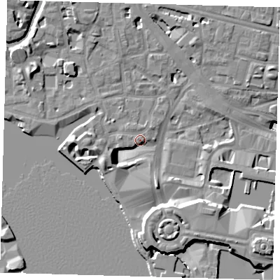 Shaded relief map of the ground around E148AU, computed from Environment Agency LiDAR. The ground here sits at about 5 m above sea level and falls 19 m across the surrounding 800 m. Surface water reaching this point runs off ground lying to the south-south-east, 14.0 m higher.