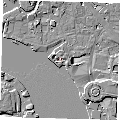 Shaded relief map of the ground around E148AX, computed from Environment Agency LiDAR. The ground here sits at about 4 m above sea level and falls 14 m across the surrounding 800 m. Surface water reaching this point runs off ground lying to the east-south-east, 4.3 m higher.