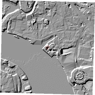 Shaded relief map of the ground around E148AY, computed from Environment Agency LiDAR. The ground here sits at about 5 m above sea level and falls 14 m across the surrounding 800 m. Surface water reaching this point runs off ground lying to the east-south-east, 4.3 m higher.
