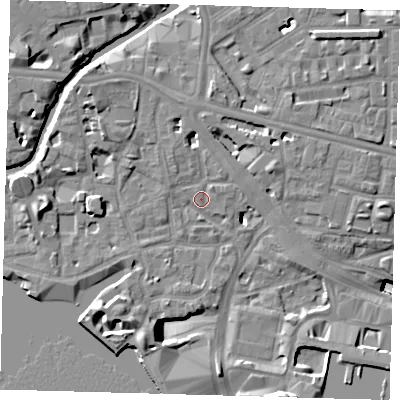 Shaded relief map of the ground around E148BA, computed from Environment Agency LiDAR. The ground here sits at about 4 m above sea level and falls 17 m across the surrounding 800 m. Surface water reaching this point runs off ground lying to the north-west, 10.2 m higher.