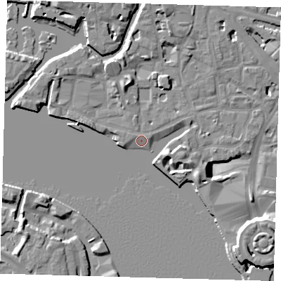 Shaded relief map of the ground around E148BB, computed from Environment Agency LiDAR. The ground here sits at about 4 m above sea level and falls 14 m across the surrounding 800 m. Surface water reaching this point runs off ground lying to the north, 5.0 m higher.