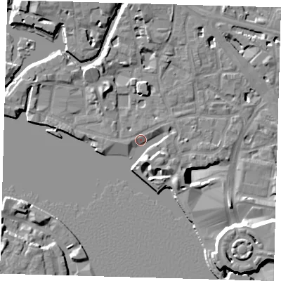Shaded relief map of the ground around E148BD, computed from Environment Agency LiDAR. The ground here sits at about 4 m above sea level and falls 14 m across the surrounding 800 m. Surface water reaching this point runs off ground lying to the north, 5.3 m higher.
