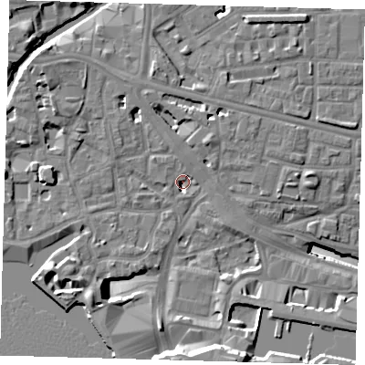 Shaded relief map of the ground around E148BE, computed from Environment Agency LiDAR. The ground here sits at about 3 m above sea level and falls 17 m across the surrounding 800 m. Surface water reaching this point runs off ground lying to the north, 6.3 m higher.