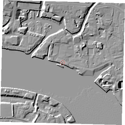 Shaded relief map of the ground around E148BF, computed from Environment Agency LiDAR. The ground here sits at about 5 m above sea level and falls 13 m across the surrounding 800 m. Surface water reaching this point runs off ground lying to the south, 1.6 m higher.