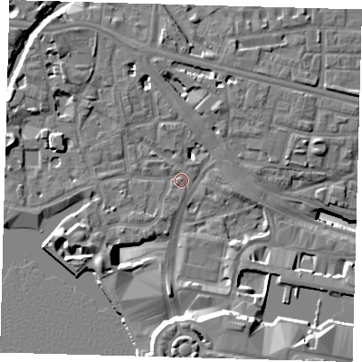 Shaded relief map of the ground around E148BL, computed from Environment Agency LiDAR. The ground here sits at about 4 m above sea level and falls 17 m across the surrounding 800 m. Surface water reaching this point runs off ground lying to the south-south-east, 14.0 m higher.