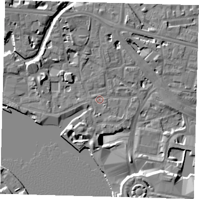 Shaded relief map of the ground around E148BN, computed from Environment Agency LiDAR. The ground here sits at about 4 m above sea level and falls 14 m across the surrounding 800 m. Surface water reaching this point runs off ground lying to the south-west, 1.6 m higher.