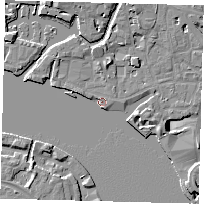 Shaded relief map of the ground around E148BP, computed from Environment Agency LiDAR. The ground here sits at about 4 m above sea level and falls 13 m across the surrounding 800 m. Surface water reaching this point runs off ground lying to the north-north-east, 5.3 m higher.