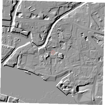 Shaded relief map of the ground around E148BS, computed from Environment Agency LiDAR. The ground here sits at about 4 m above sea level and falls 14 m across the surrounding 800 m. Surface water reaching this point runs off ground lying to the north-north-east, 4.7 m higher.