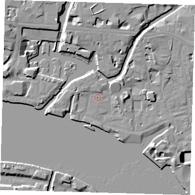 Shaded relief map of the ground around E148BT, computed from Environment Agency LiDAR. The ground here sits at about 4 m above sea level and falls 14 m across the surrounding 800 m. Surface water reaching this point runs off ground lying to the west-north-west, 2.9 m higher.