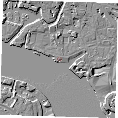 Shaded relief map of the ground around E148BU, computed from Environment Agency LiDAR. The ground here sits at about 4 m above sea level and falls 14 m across the surrounding 800 m. Surface water reaching this point runs off ground lying to the south-west, 0.8 m higher.