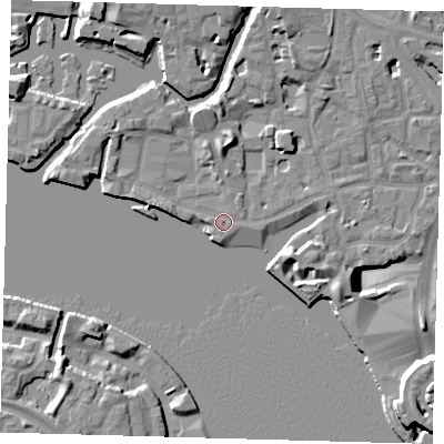 Shaded relief map of the ground around E148BW, computed from Environment Agency LiDAR. The ground here sits at about 4 m above sea level and falls 14 m across the surrounding 800 m. Surface water reaching this point runs off ground lying to the north, 3.9 m higher.