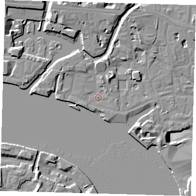 Shaded relief map of the ground around E148BX, computed from Environment Agency LiDAR. The ground here sits at about 4 m above sea level and falls 13 m across the surrounding 800 m. Surface water reaching this point runs off ground lying to the west-south-west, 1.7 m higher.