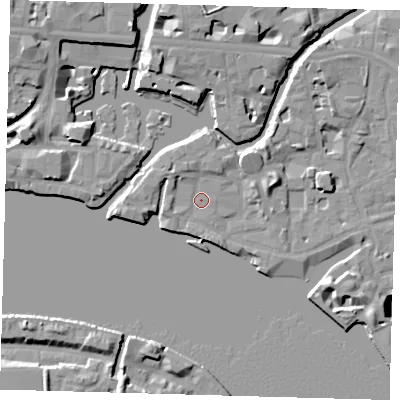 Shaded relief map of the ground around E148BY, computed from Environment Agency LiDAR. The ground here sits at about 4 m above sea level and falls 13 m across the surrounding 800 m. Surface water reaching this point runs off ground lying to the north-west, 2.4 m higher.
