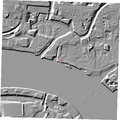 Shaded relief map of the ground around E148BZ, computed from Environment Agency LiDAR. The ground here sits at about 5 m above sea level and falls 10 m across the surrounding 800 m. Surface water reaching this point runs off ground lying to the west-north-west, 7.7 m higher.