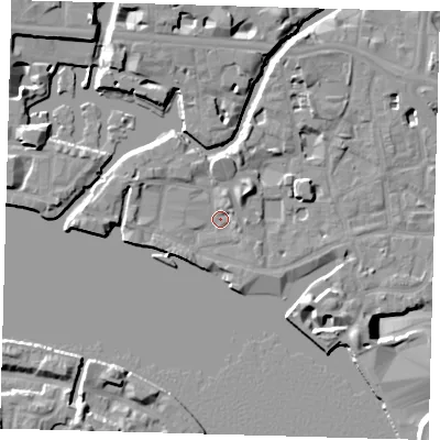 Shaded relief map of the ground around E148DA, computed from Environment Agency LiDAR. The ground here sits at about 4 m above sea level and falls 14 m across the surrounding 800 m. Surface water reaching this point runs off ground lying to the north, 3.7 m higher.