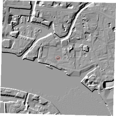 Shaded relief map of the ground around E148DB, computed from Environment Agency LiDAR. The ground here sits at about 4 m above sea level and falls 14 m across the surrounding 800 m. Surface water reaching this point runs off ground lying to the north-west, 2.9 m higher.