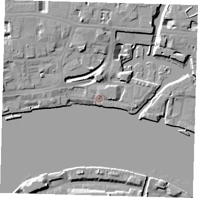 Shaded relief map of the ground around E148DP, computed from Environment Agency LiDAR. The ground here sits at about 6 m above sea level and falls 12 m across the surrounding 800 m. Surface water reaching this point runs off ground lying to the north-east, 2.2 m higher.