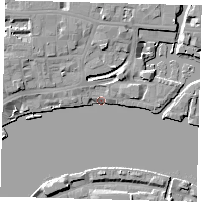 Shaded relief map of the ground around E148DQ, computed from Environment Agency LiDAR. The ground here sits at about 5 m above sea level and falls 12 m across the surrounding 800 m. Surface water reaching this point runs off ground lying to the west-north-west, 9.2 m higher.