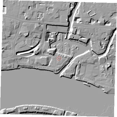 Shaded relief map of the ground around E148EG, computed from Environment Agency LiDAR. The ground here sits at about 6 m above sea level and falls 12 m across the surrounding 800 m. The ground contributing surface water to this point lies to the south-south-west.