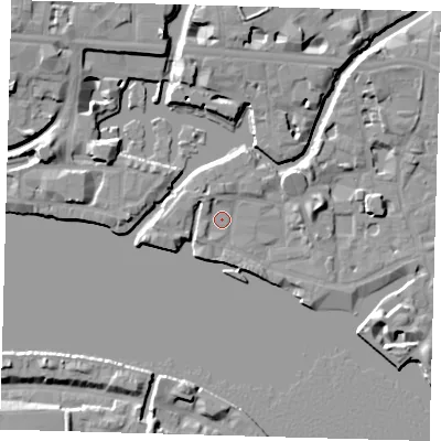 Shaded relief map of the ground around E148EJ, computed from Environment Agency LiDAR. The ground here sits at about 5 m above sea level and falls 10 m across the surrounding 800 m. Surface water reaching this point runs off ground lying to the north-west, 2.3 m higher.