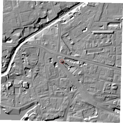Shaded relief map of the ground around E148EZ, computed from Environment Agency LiDAR. The ground here sits at about 6 m above sea level and falls 16 m across the surrounding 800 m. Surface water reaching this point runs off ground lying to the east, 3.7 m higher.