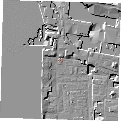 Shaded relief map of the ground around E148FD, computed from Environment Agency LiDAR. The ground here sits at about 3 m above sea level and falls 19 m across the surrounding 800 m. Surface water reaching this point runs off ground lying to the north-north-west, 4.2 m higher.