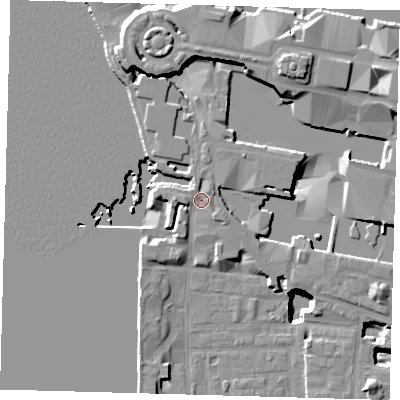 Shaded relief map of the ground around E148FQ, computed from Environment Agency LiDAR. The ground here sits at about 5 m above sea level and falls 21 m across the surrounding 800 m. Surface water reaching this point runs off ground lying to the west, 2.1 m higher.