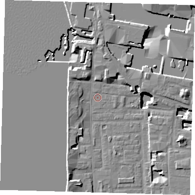 Shaded relief map of the ground around E148GB, computed from Environment Agency LiDAR. The ground here sits at about 3 m above sea level and falls 18 m across the surrounding 800 m. Surface water reaching this point runs off ground lying to the north-north-west, 4.5 m higher.