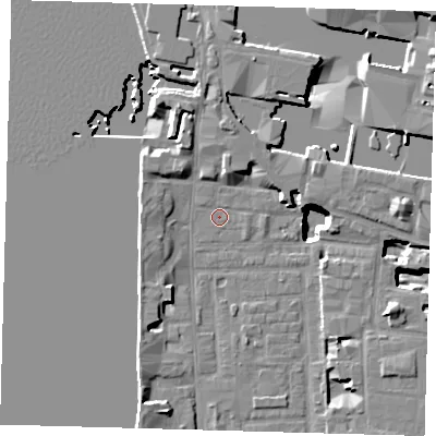 Shaded relief map of the ground around E148GD, computed from Environment Agency LiDAR. The ground here sits at about 2 m above sea level and falls 18 m across the surrounding 800 m. Surface water reaching this point runs off ground lying to the north-north-west, 4.6 m higher.