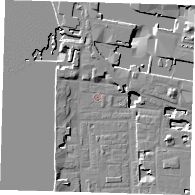 Shaded relief map of the ground around E148GE, computed from Environment Agency LiDAR. The ground here sits at about 2 m above sea level and falls 18 m across the surrounding 800 m. Surface water reaching this point runs off ground lying to the north-north-west, 4.6 m higher.
