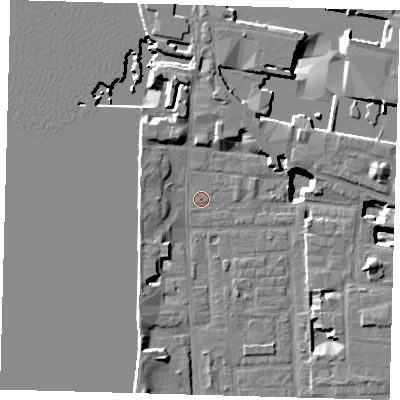 Shaded relief map of the ground around E148GF, computed from Environment Agency LiDAR. The ground here sits at about 3 m above sea level and falls 17 m across the surrounding 800 m. The ground contributing surface water to this point lies to the north-north-west.