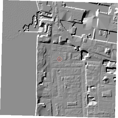 Shaded relief map of the ground around E148GG, computed from Environment Agency LiDAR. The ground here sits at about 2 m above sea level and falls 18 m across the surrounding 800 m. Surface water reaching this point runs off ground lying to the north-north-west, 4.6 m higher.