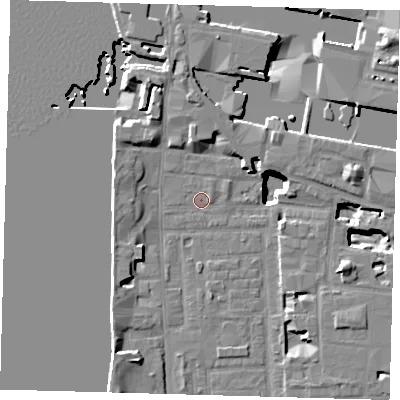Shaded relief map of the ground around E148GH, computed from Environment Agency LiDAR. The ground here sits at about 2 m above sea level and falls 18 m across the surrounding 800 m. Surface water reaching this point runs off ground lying to the north-north-west, 4.6 m higher.