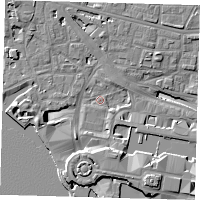 Shaded relief map of the ground around E148GR, computed from Environment Agency LiDAR. The ground here sits at about 3 m above sea level and falls 19 m across the surrounding 800 m. Surface water reaching this point runs off ground lying to the south, 10.3 m higher.