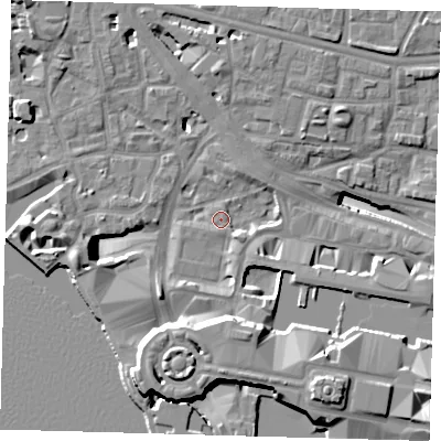 Shaded relief map of the ground around E148GS, computed from Environment Agency LiDAR. The ground here sits at about 3 m above sea level and falls 19 m across the surrounding 800 m. Surface water reaching this point runs off ground lying to the west-south-west, 1.8 m higher.