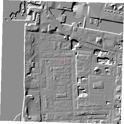 Shaded relief map of the ground around E148GT, computed from Environment Agency LiDAR. The ground here sits at about 2 m above sea level and falls 19 m across the surrounding 800 m. Surface water reaching this point runs off ground lying to the north-north-west, 4.4 m higher.